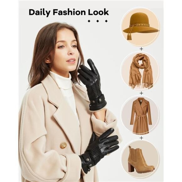 Women's Leather Gloves Full Hand Touchscreen Winter Gloves - Picture 5 of 6